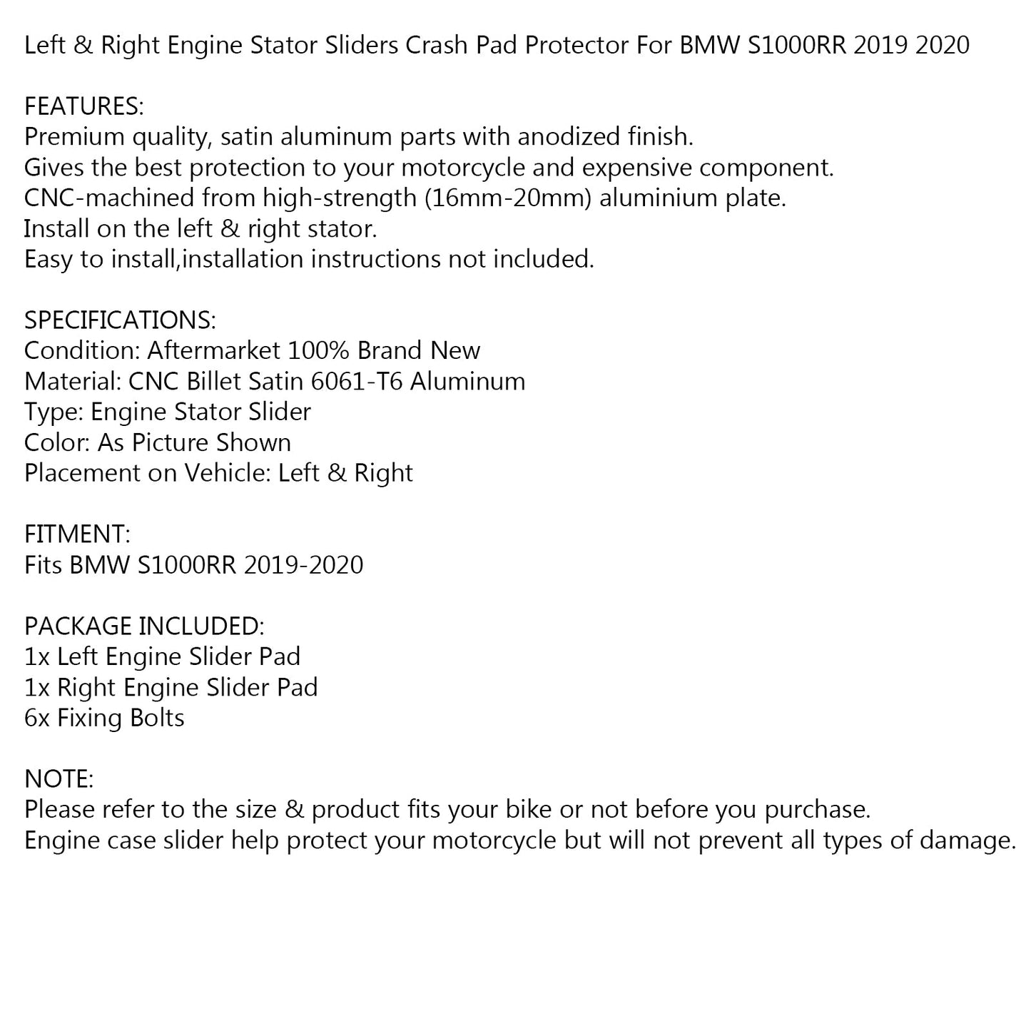 Pair Black Engine Protector Stator Frame Sliders for BMW S1000RR 2019-2020