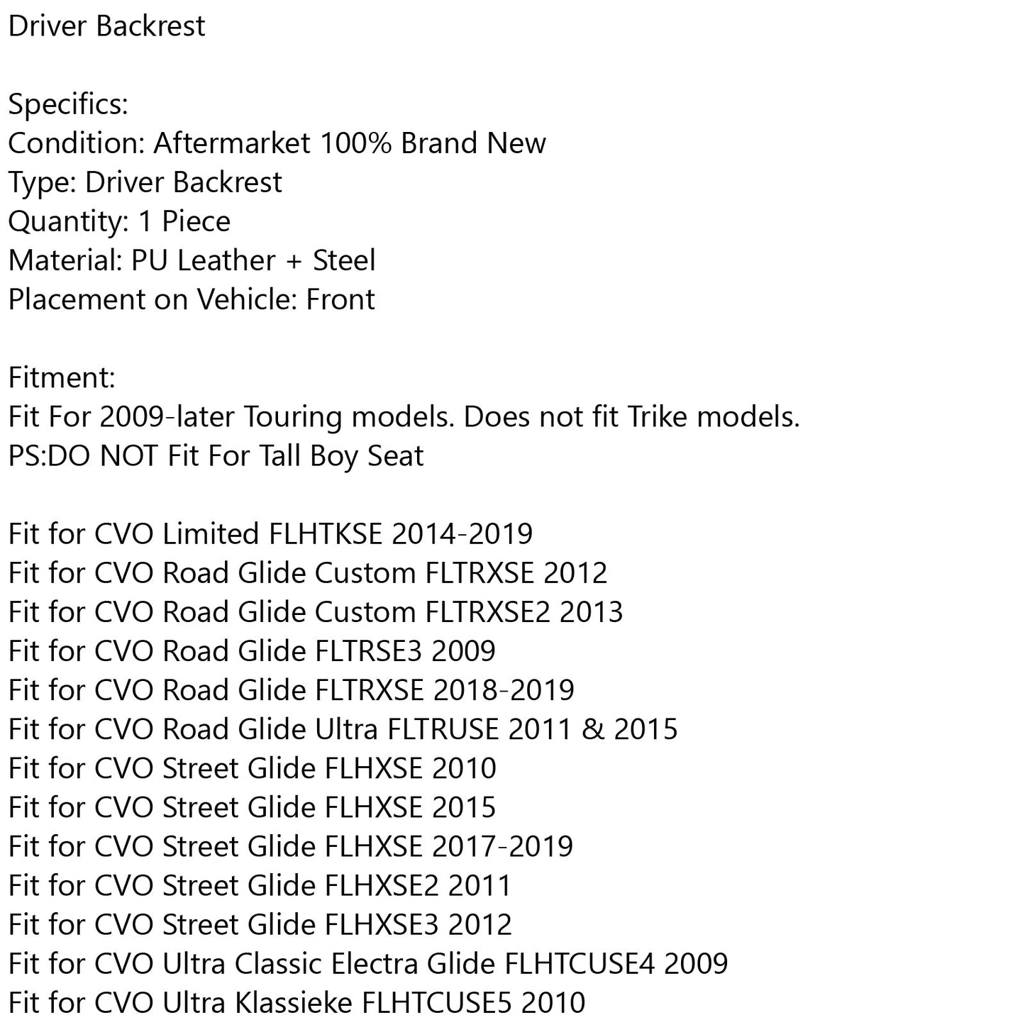 Driver Backrest fit for 2009-2020 Touring Road Street Electra Glide FLHR FLTR
