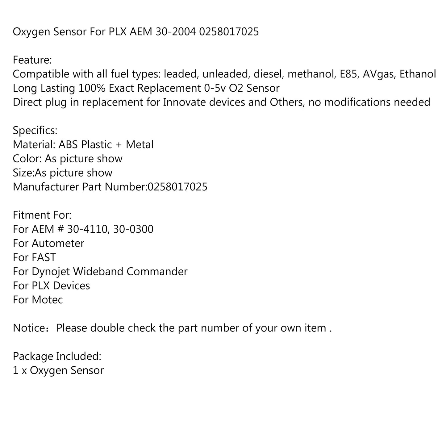 LSU4.9 O2 Wideband Oxygen Sensor For AEM 30-4110 30-0300 Autometer FAST Dynojet Wideband Commander PLX Devices Motec
