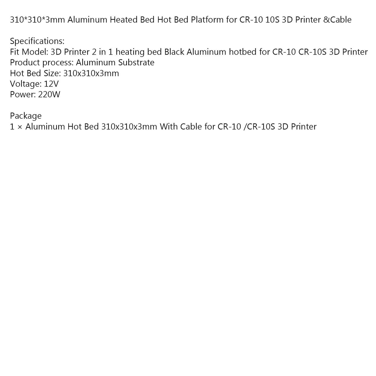 310X310X3Mm 3D Printer 12V Aluminum Heat Bed With Cable For Creality Cr10 Cr10S