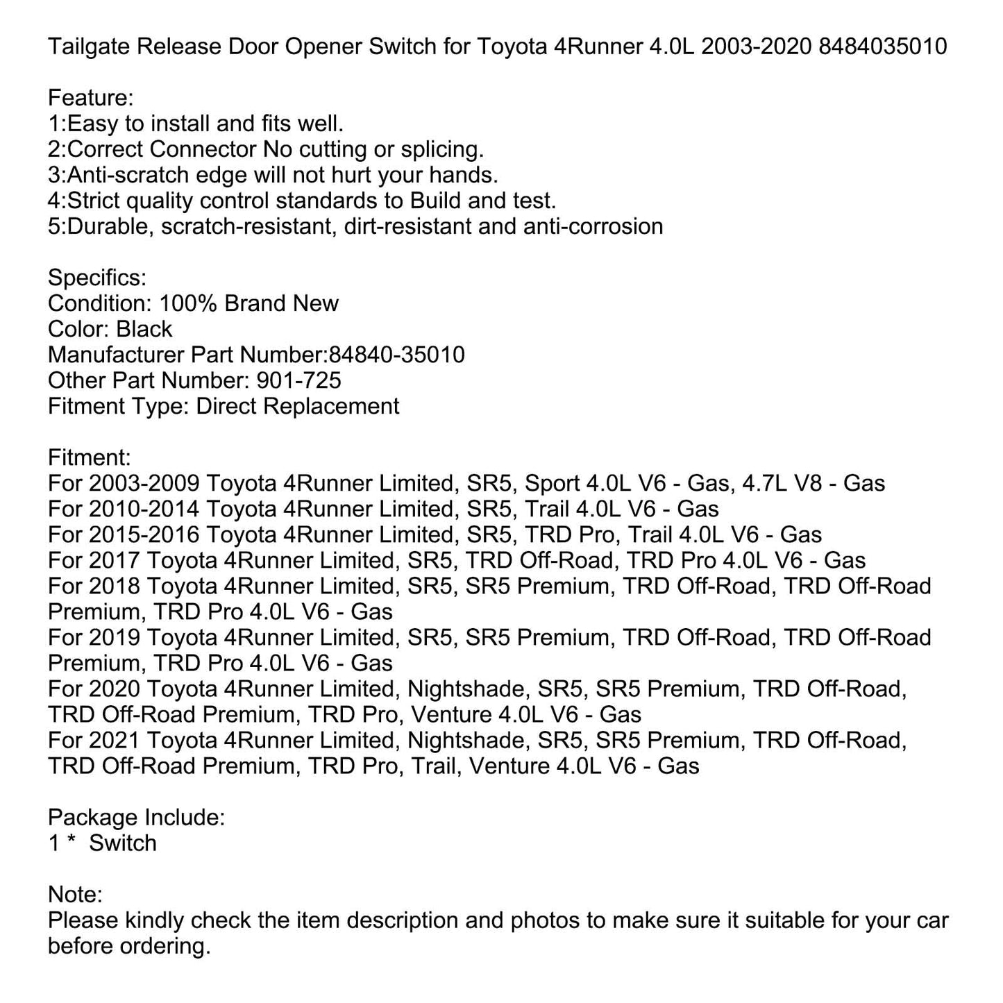 Tailgate Release Door Opener Switch for Toyota 4Runner 4.0L 2003-2020 8484035010