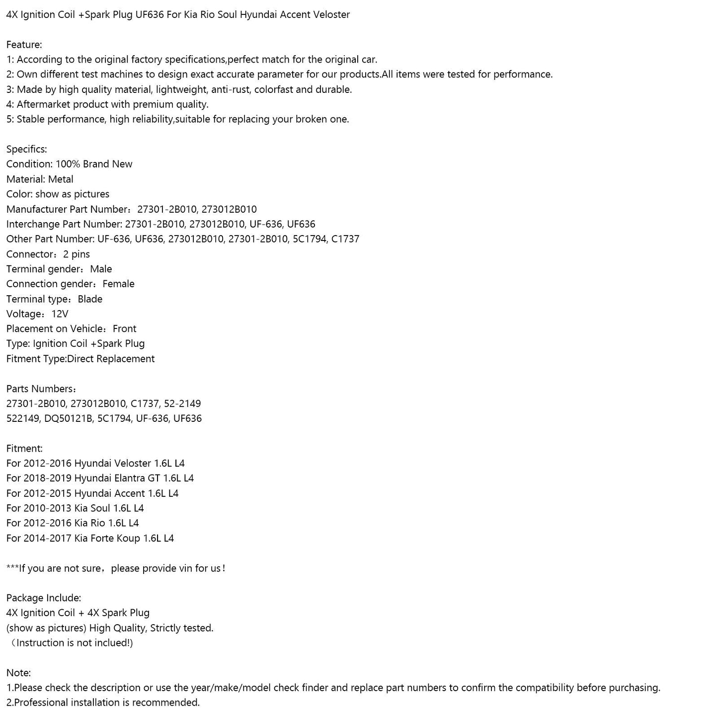 2014-2017 Kia Forte Koup 1.6L L4 Ignition Coil +Spark Plug UF636 4Pcs