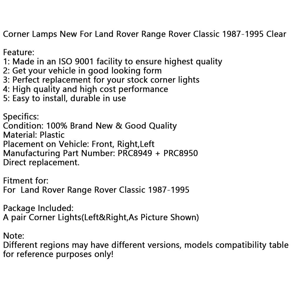 Corner Lamps New For Land Rover Range Rover Classic 1987-1995 Clear