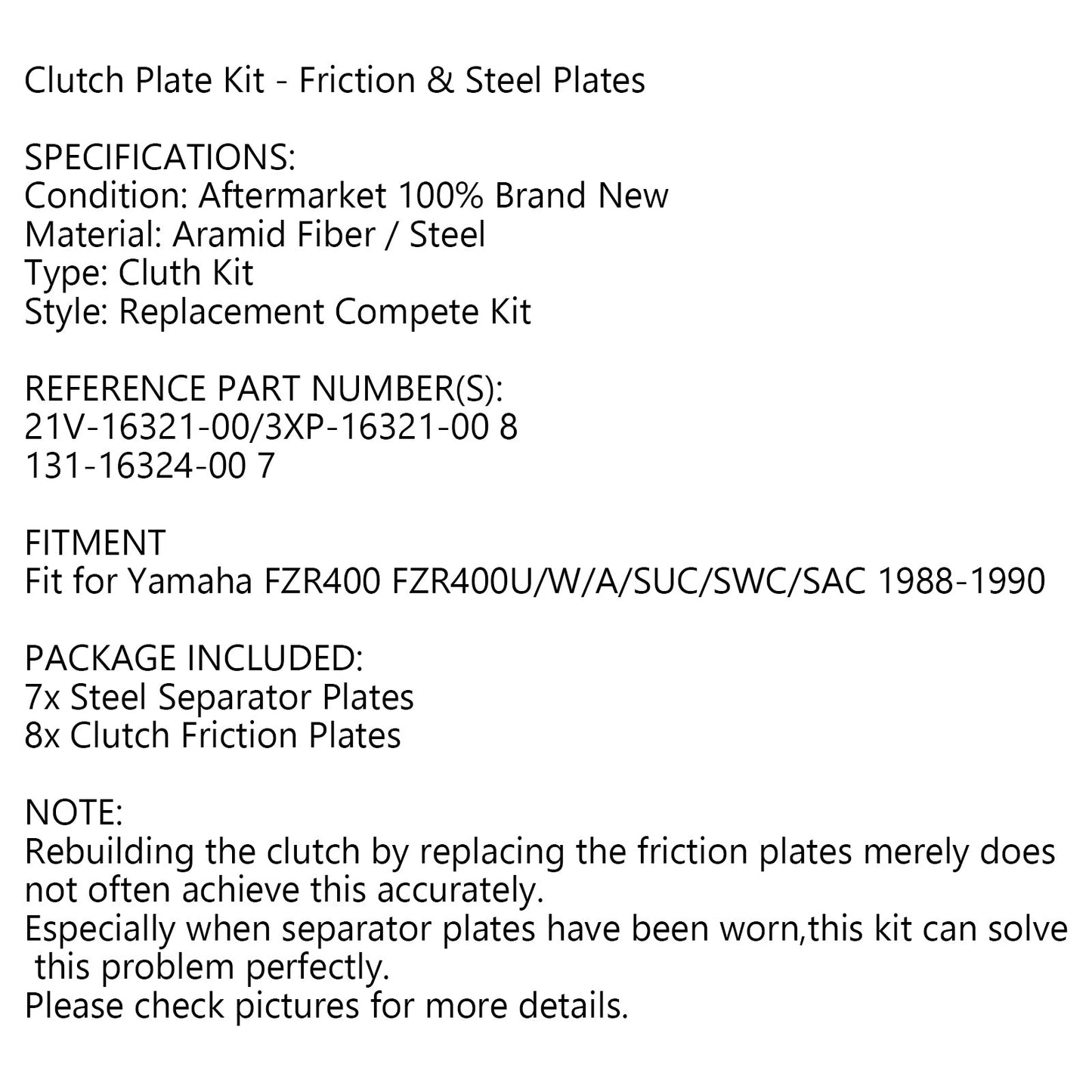 Clutch Plate Kit - Friction & Steel Plates For Yamaha FZR400 FZR400U/W/A/SUC/SWC/SAC 1988-1990