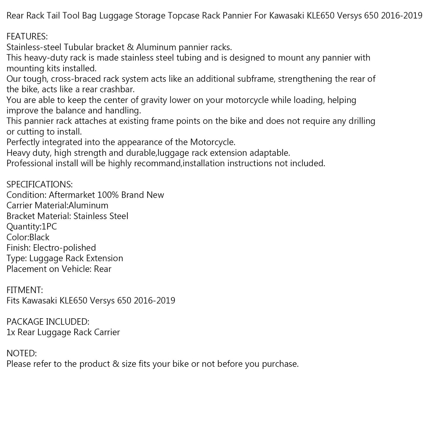 Black Rear Top Case Carrier Luggage Rack for Kawasaki KLE650 Versys 650 16-2019