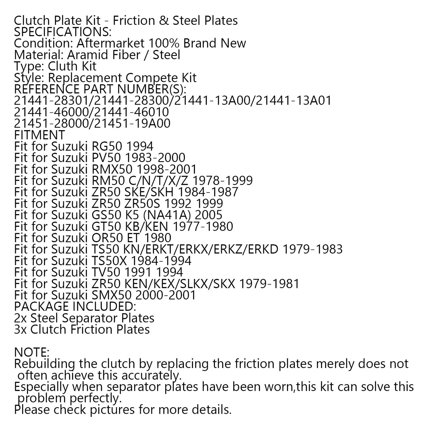 Clutch Plate Kit - Friction & Steel Plates For Suzuki PV/RMX/ZR/GS/GT/OR/TS/SMX/RG50 ZR50 KEN/KEX/SLKX/SKX