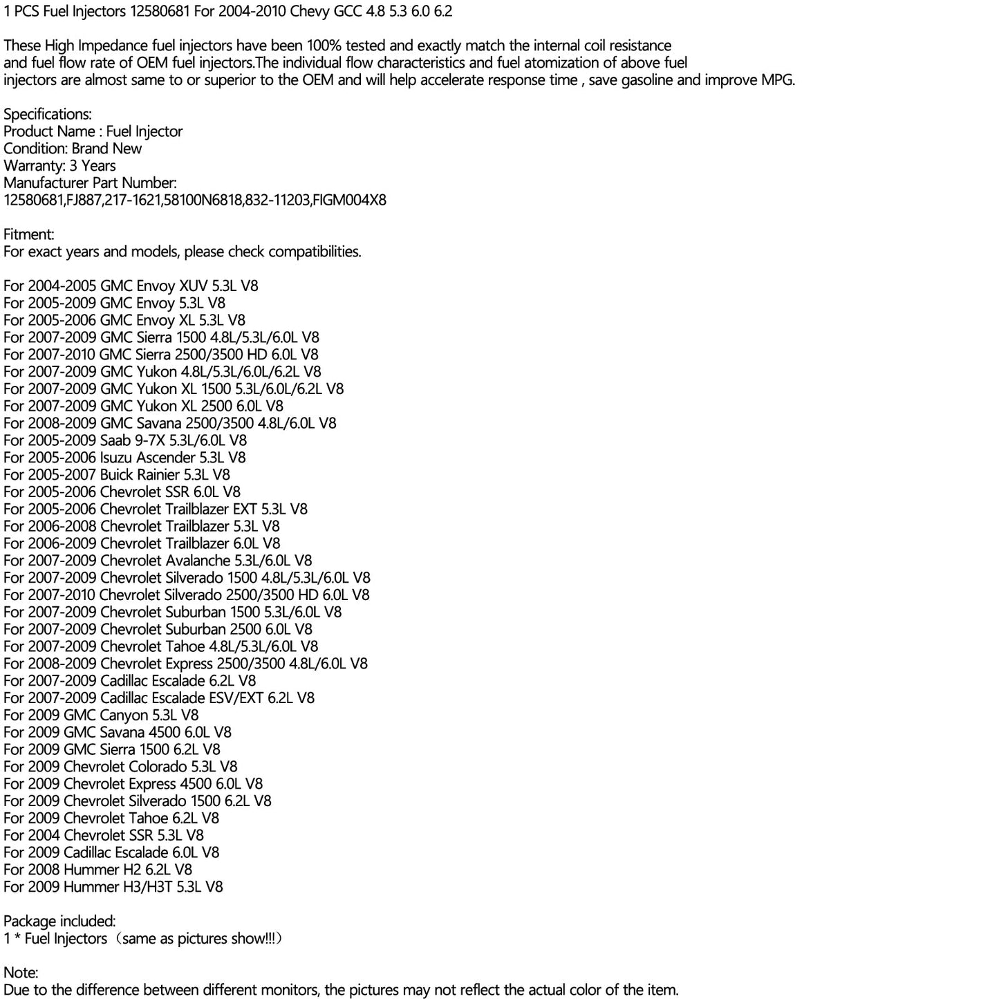 1pcs Fuel Injector 12580681 Fit 2004-2010 Chevy GMC 4.8 5.3 6.0 6.2 832-11203