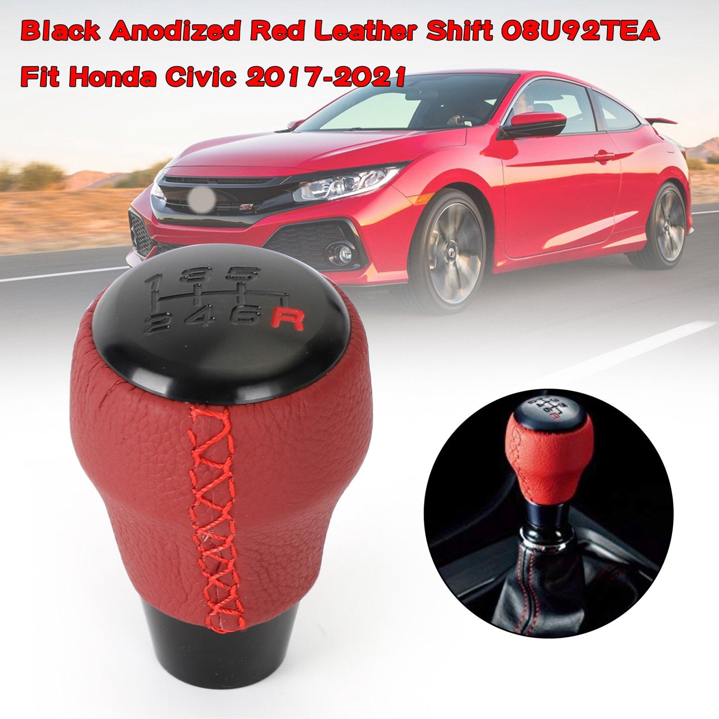 Black Anodized Red Leather Shift 08U92TEA Fit Honda Civic 17-21 Type R 6 Spd