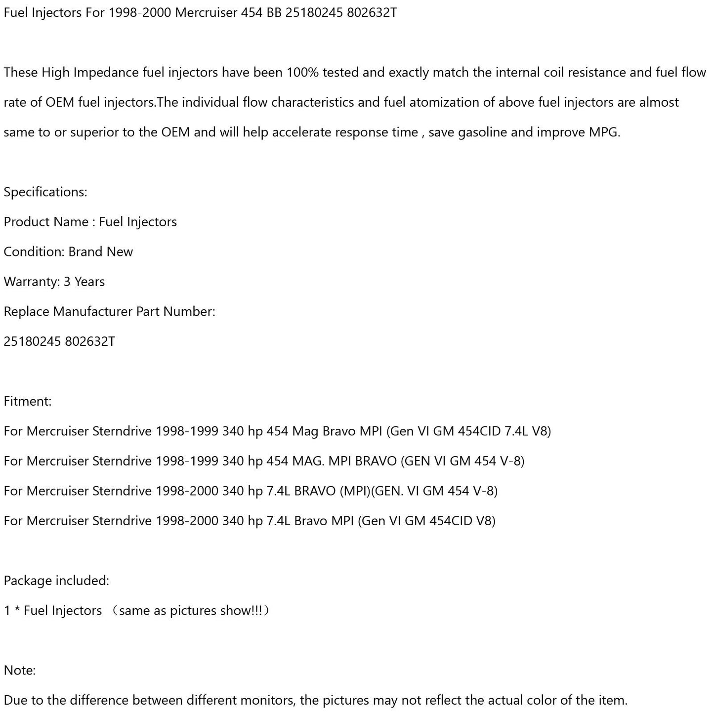 1pcs Fuel Injectors Fit 1998-2000 Mercruiser 454 BB 25180245 802632T