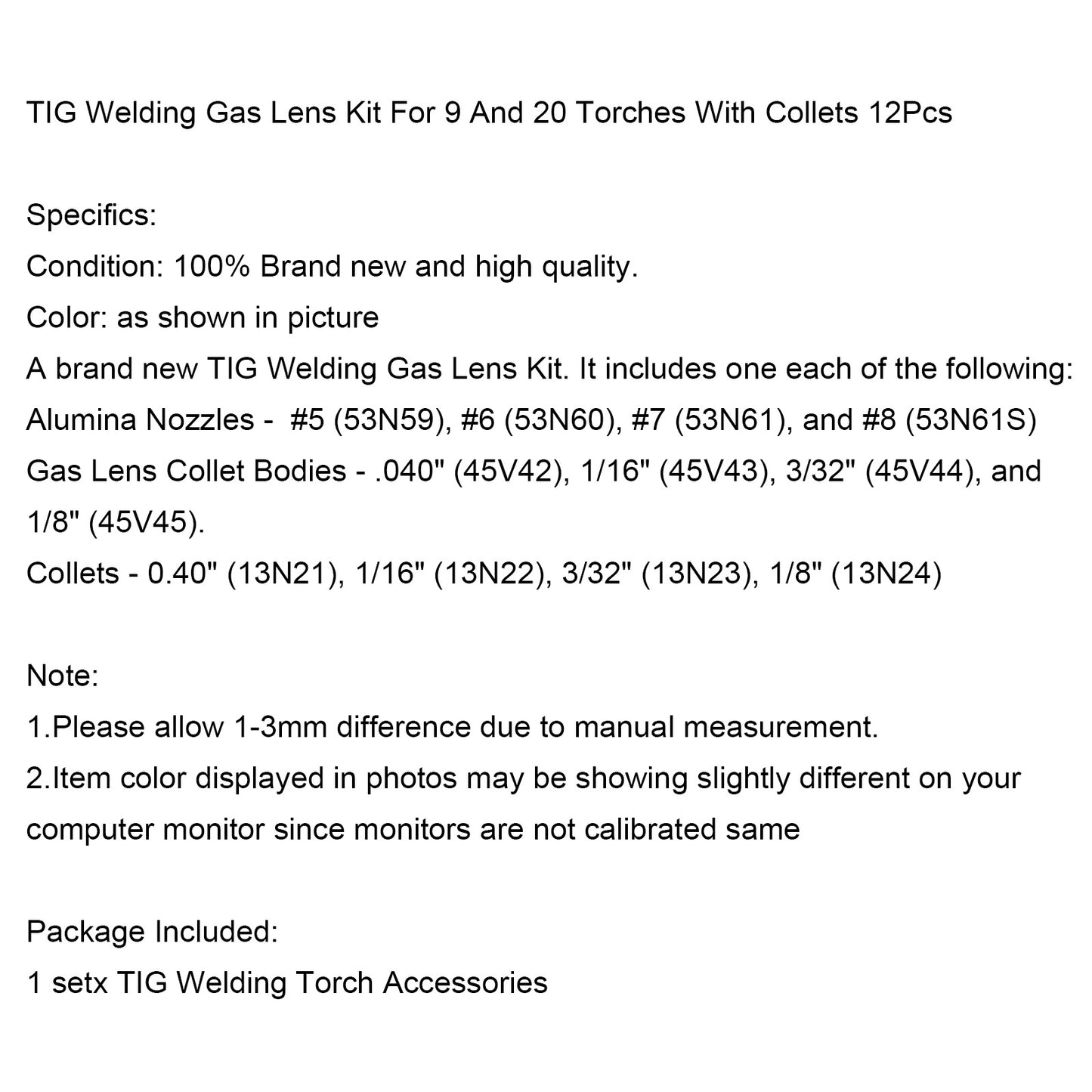 Tig Welding Gas Lens Kit For 9 And 20 Torches With Collets 12Pcs