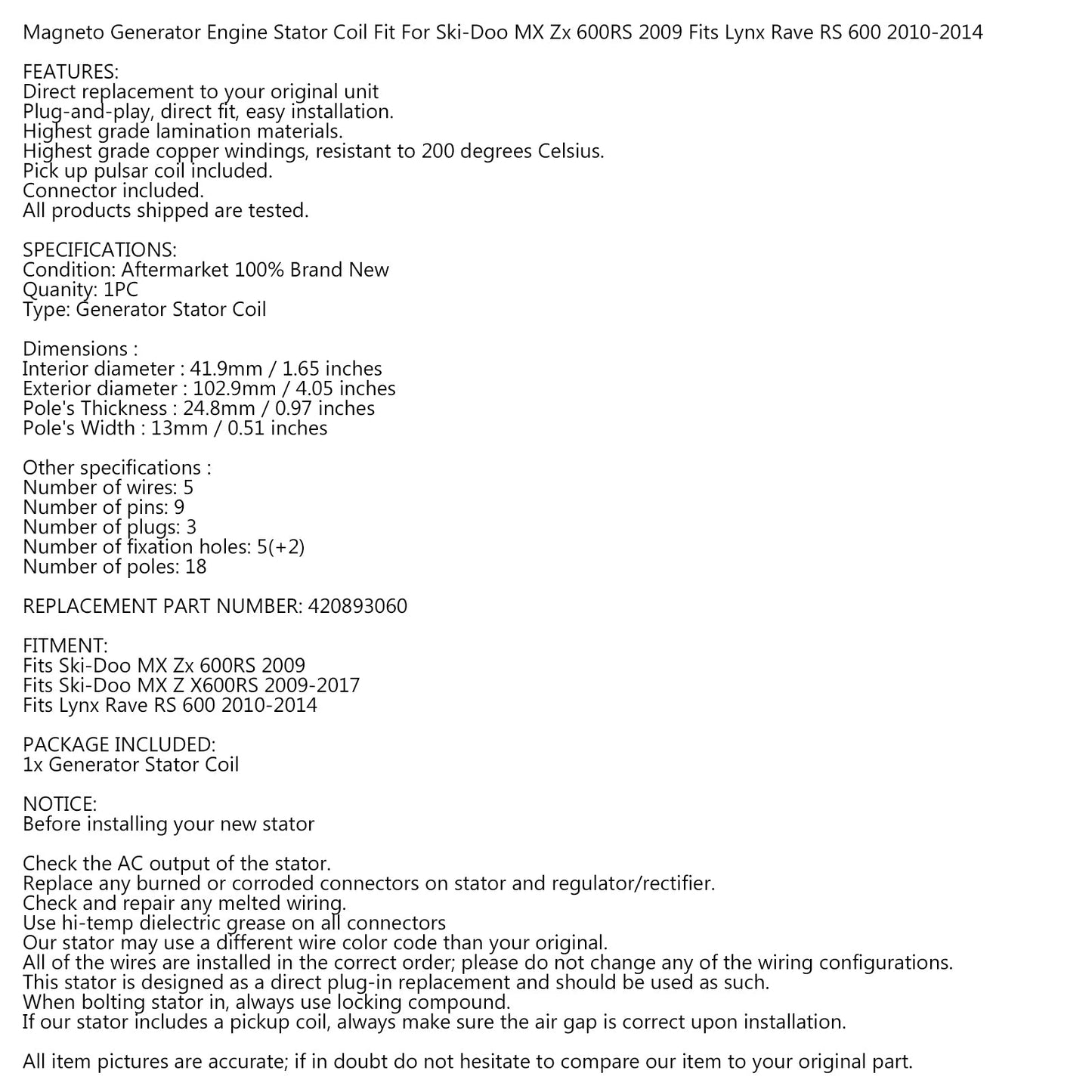 Stator Generator for Ski-Doo MX Z 600RS 09-17 Lynx Rave RS 600 10-14 # 420893060