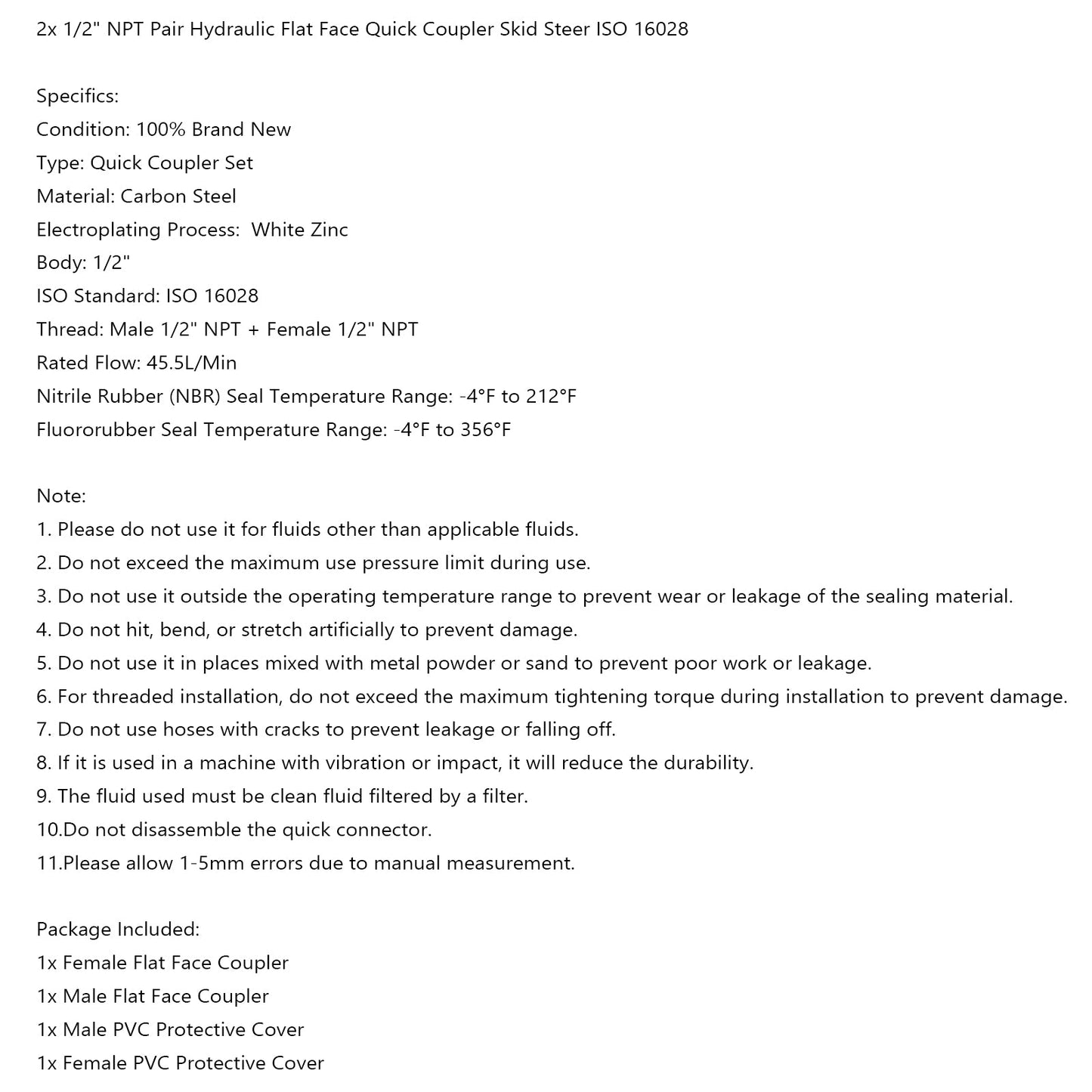 1/2" NPT Pair Hydraulic Flat Face Quick Coupler Skid Steer For Bobcat ISO 16028