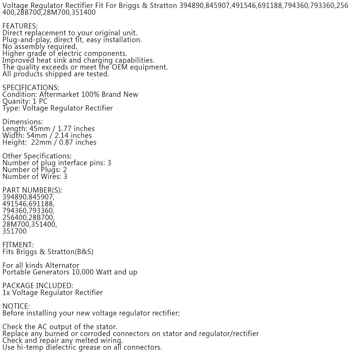 Voltage Regulator for B&S 394890 393374 691185 797375 797182 845907 691188