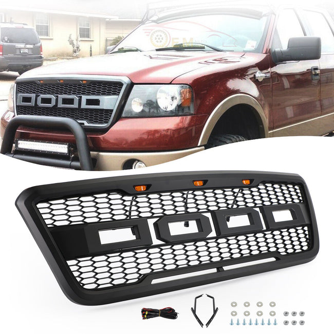 Front Mesh Hood Grill Grille For Ford F150 2004-2008 Raptor Style With LED