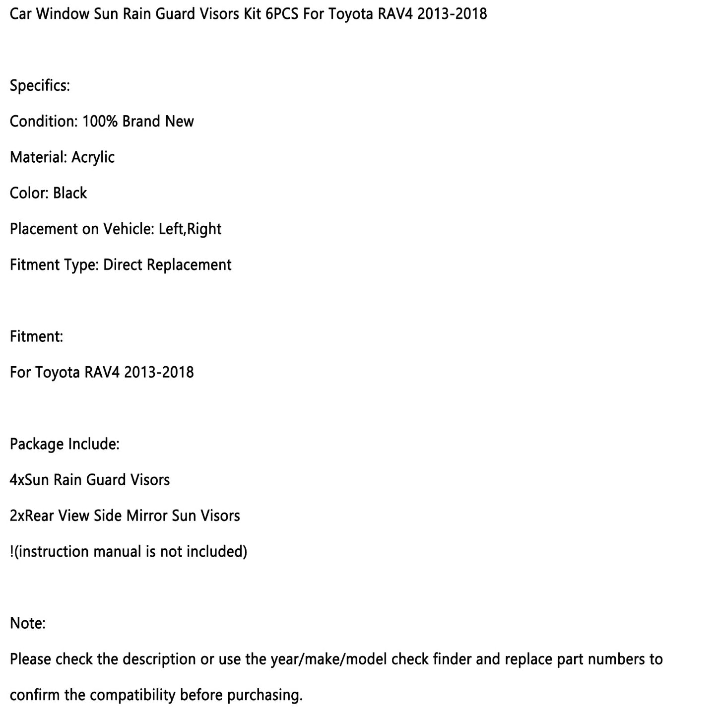 Car Window Sun Rain Guard Visors Kit 6PCS For Toyota RAV4 2013-2018