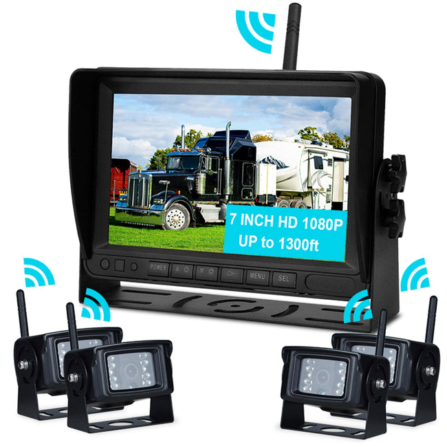 7" Truck Trailer 1080P Display 4CH Rear View Backup Camera Wireless AHD Kit