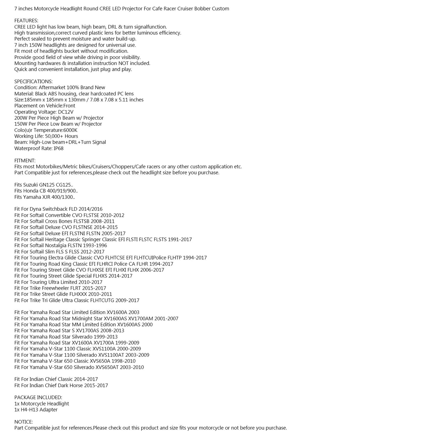 7 Inch LED Headlight High/Low + DRL For Motorcycle Dyna Cafe Racer Bobber