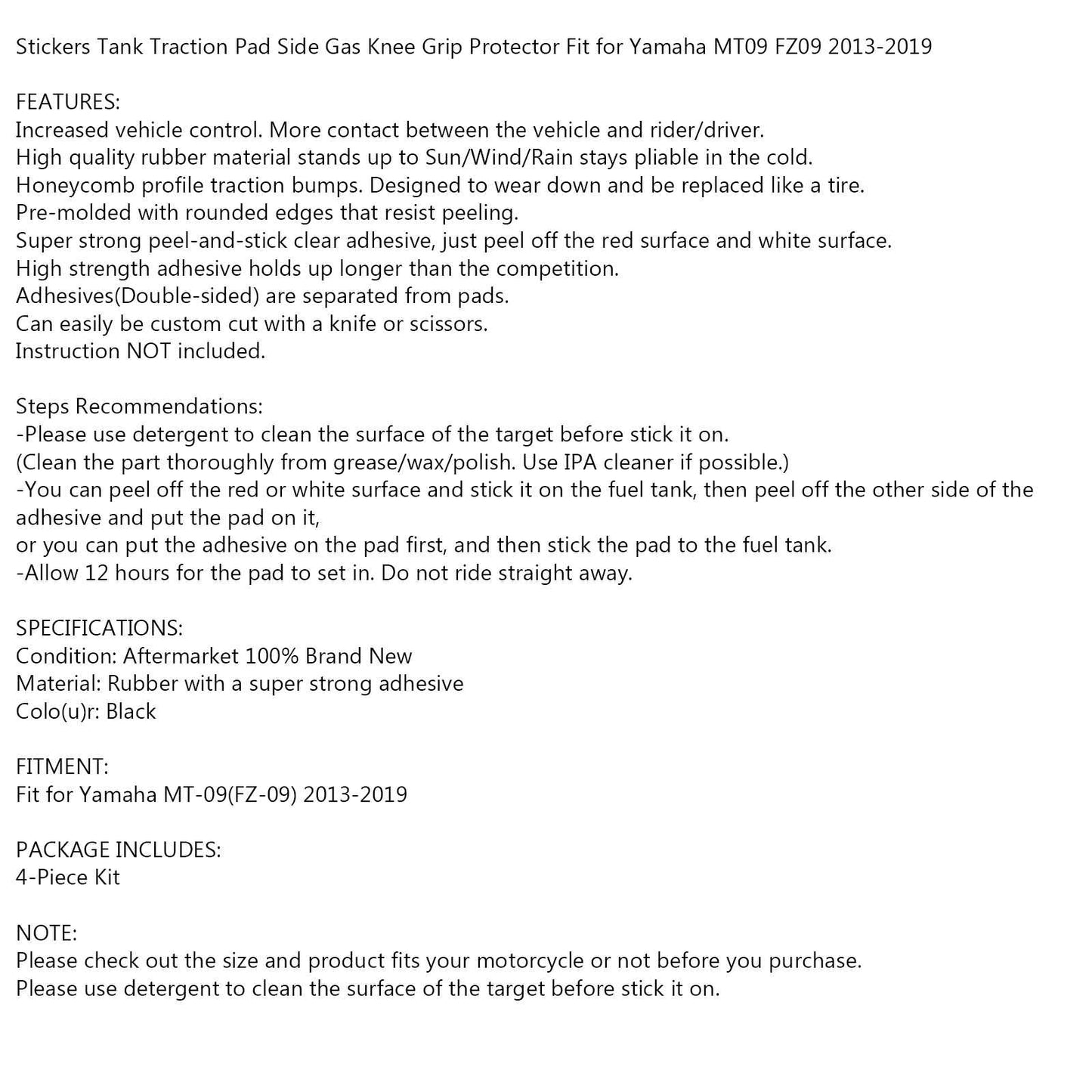 4x Side Tank Traction Grips Pads Fit for Yamaha MT-09 MT09 FZ09 2013-2019