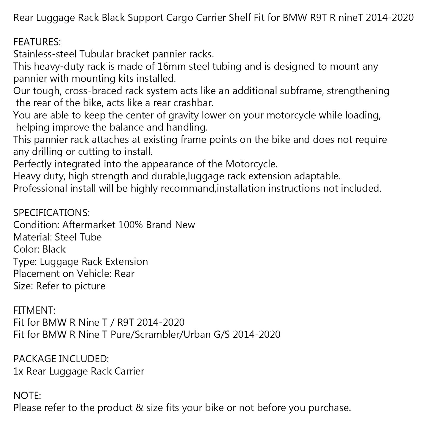 Rear Luggage Rack Black Support Cargo Carrier Shelf For BMW R9T Pure/Scrambler/Urban G/S 2014-2020 BLK