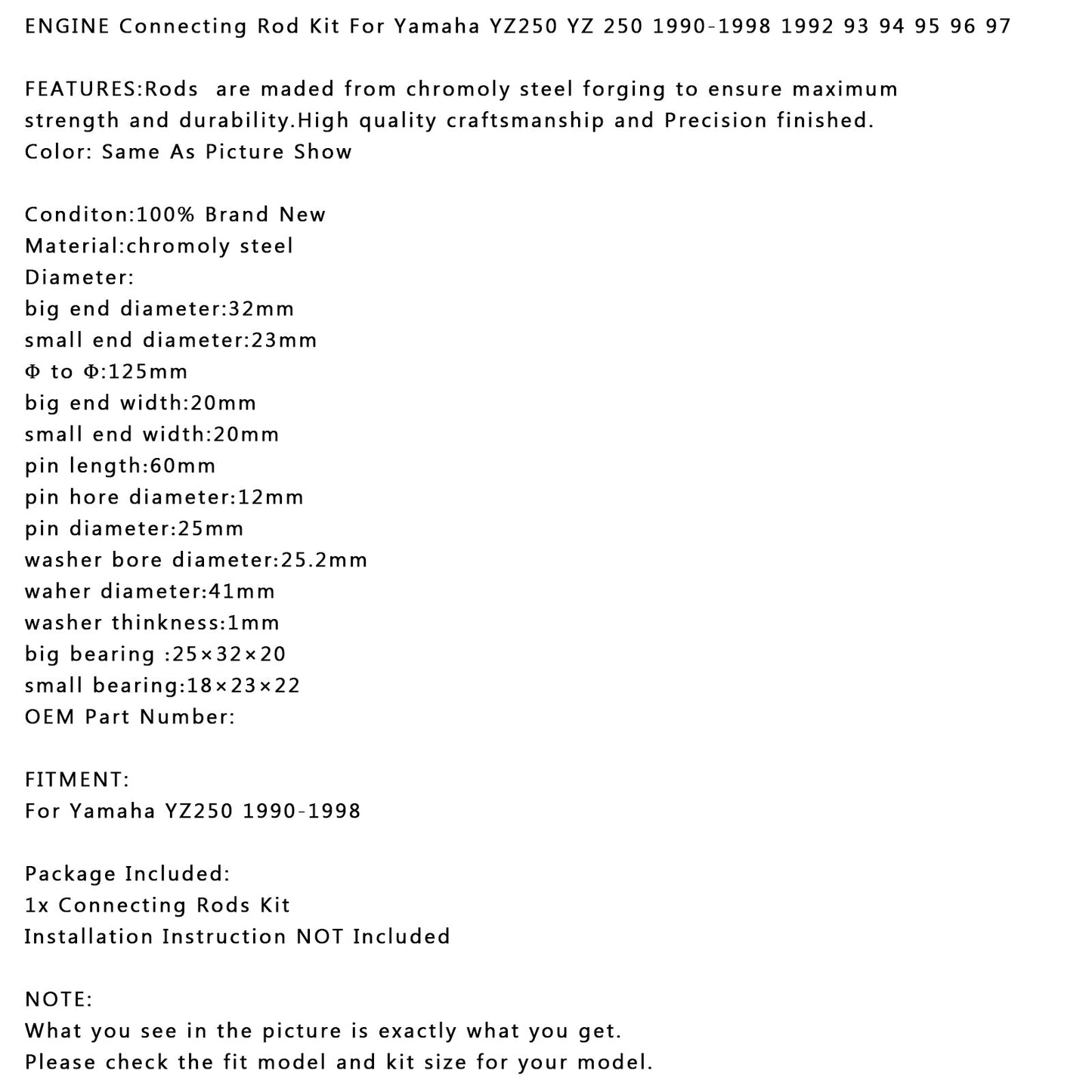 ENGINE Connecting Rod Kit For Yamaha YZ250 90-98