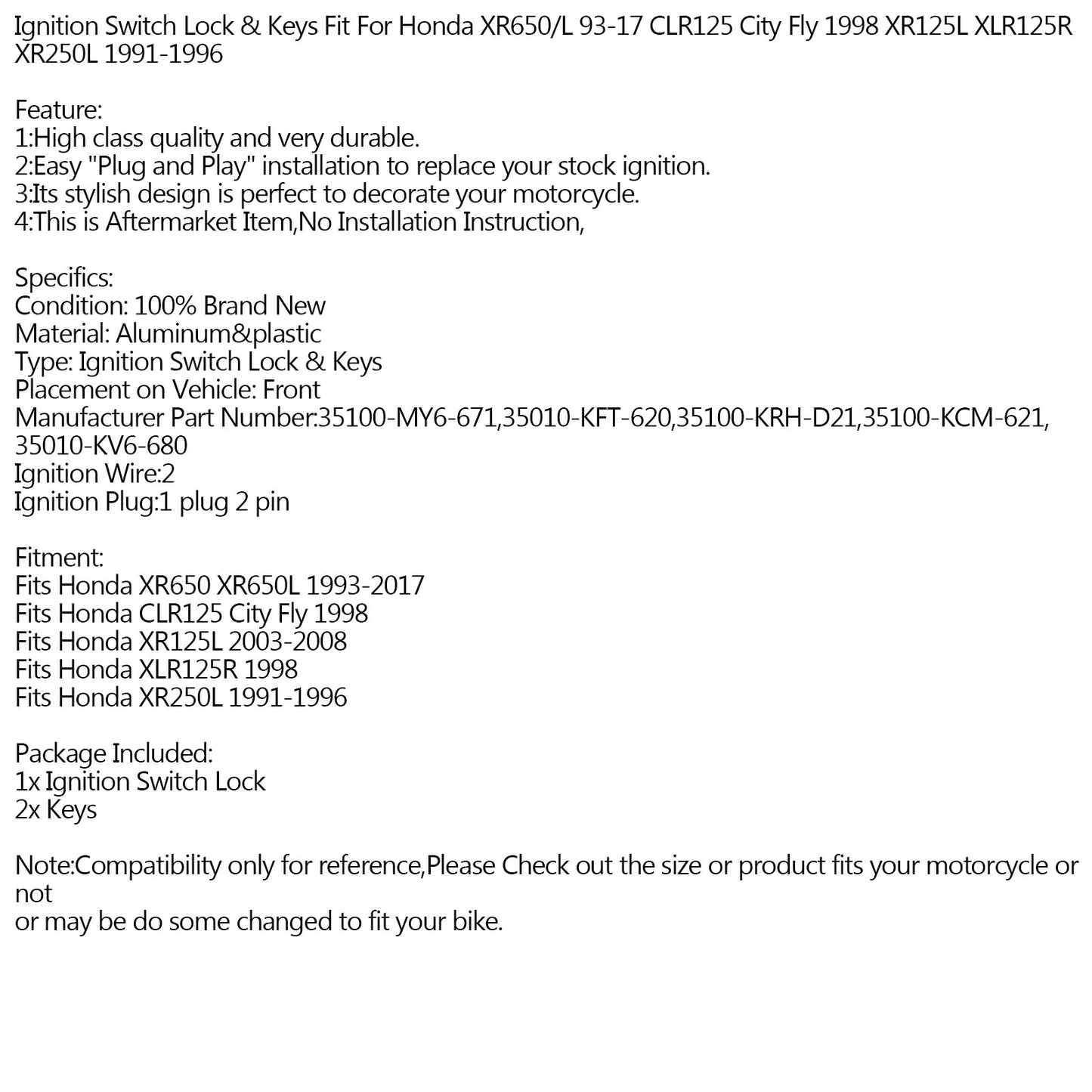 Ignition Switch Lock 2 Keys for Honda XR650L 93-17 CLR125 XR125L XLR125 XR250L