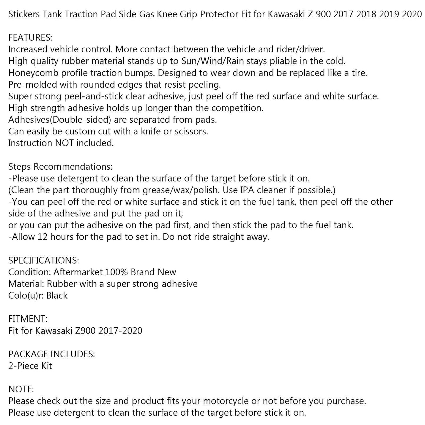 2x Side Tank Traction Grips Pads Fit for Kawasaki Z900 2017 2018 2019 2020