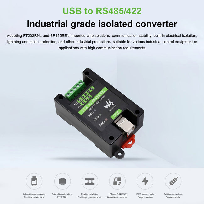 Industrial-Grade Isolated Converter USB to RS485/RS422 Multi-Protection Circuits