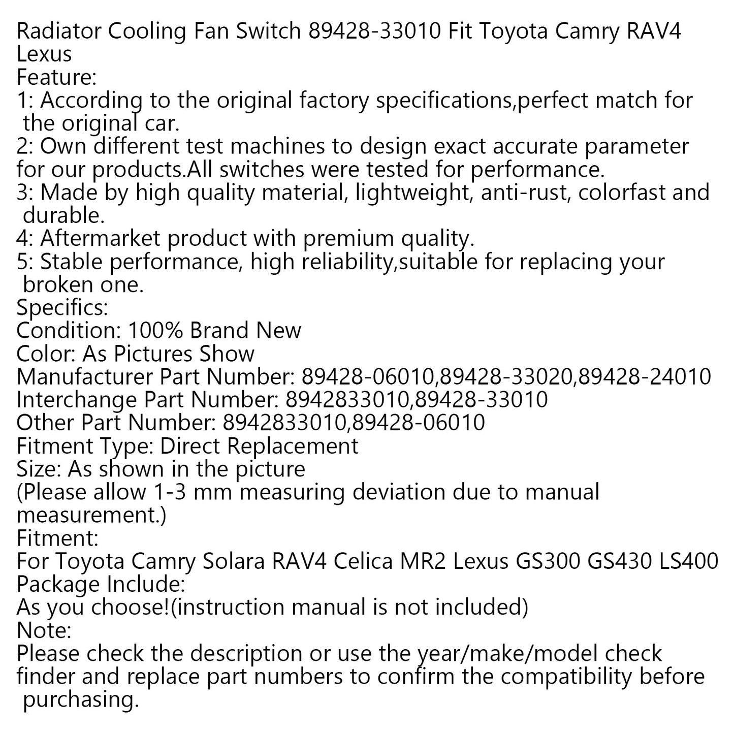 Radiator Cooling Fan Switch 89428-33010 Fit For Toyota Camry RAV4 Lexus