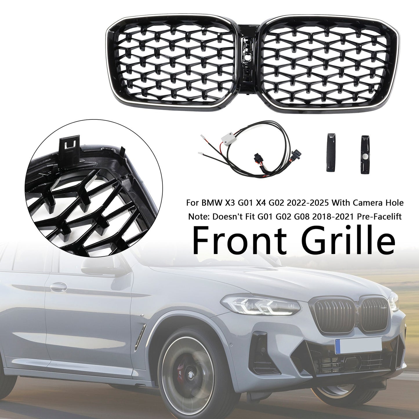 2022-2025 BMW X3 G01 X4 G02 Diamond Glossy Black Front Bumper Kidney Grille