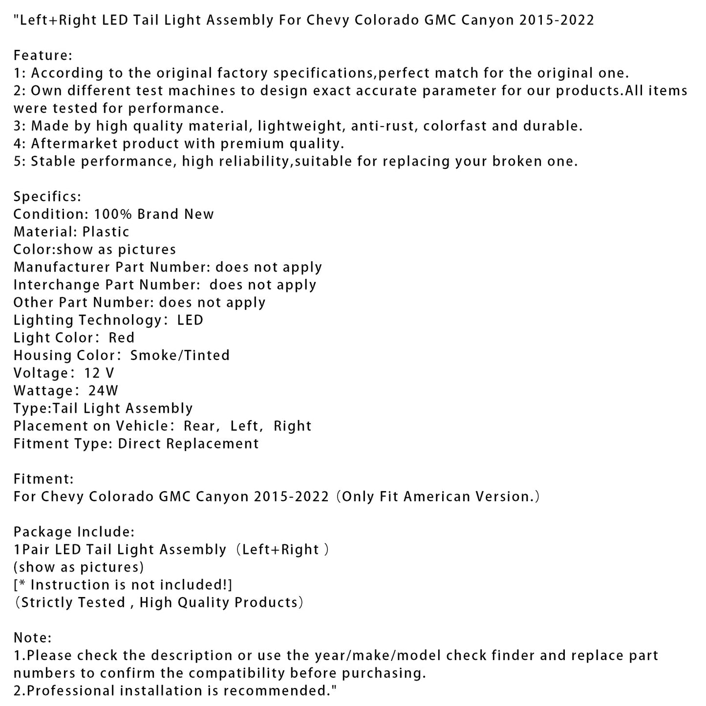 2015-2022 Chevy Colorado GMC Canyon Left+Right LED Tail Light Assembly