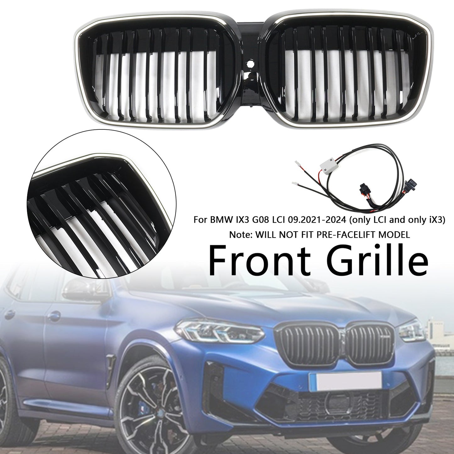 2022-2024 BMW IX3 G08 LCI Double Slat Gloss Black Front Kidney Grill Grille