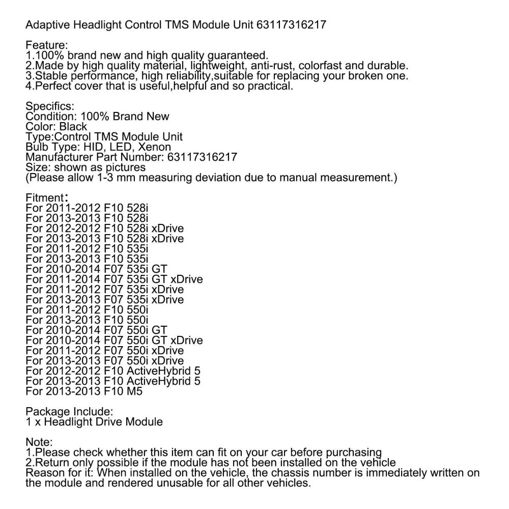 2012-2013 F10 ActiveHybrid 5 Control Module Unit Adaptive Headlight 63117316217