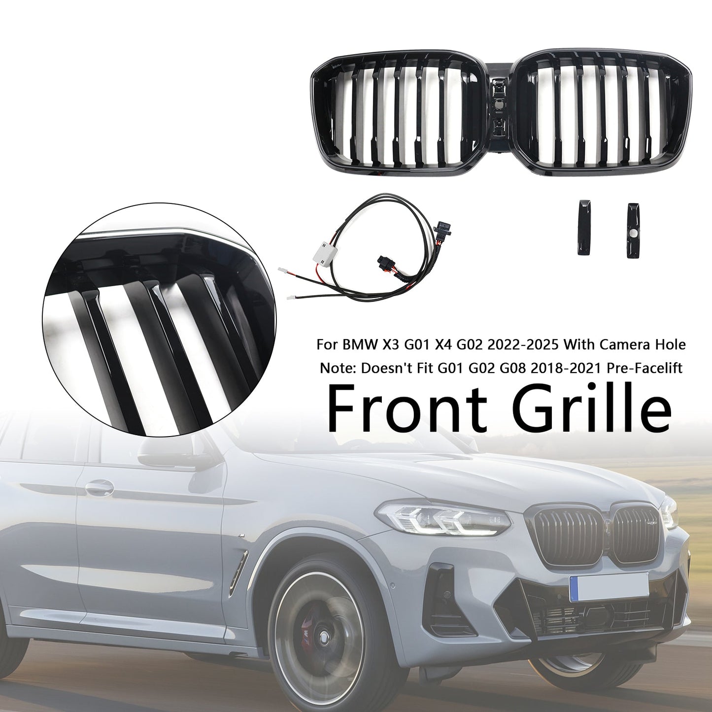 2022-2025 BMW X3 G01 X4 G02 Glossy Black Front Bumper Kidney Grille With Camera Hole