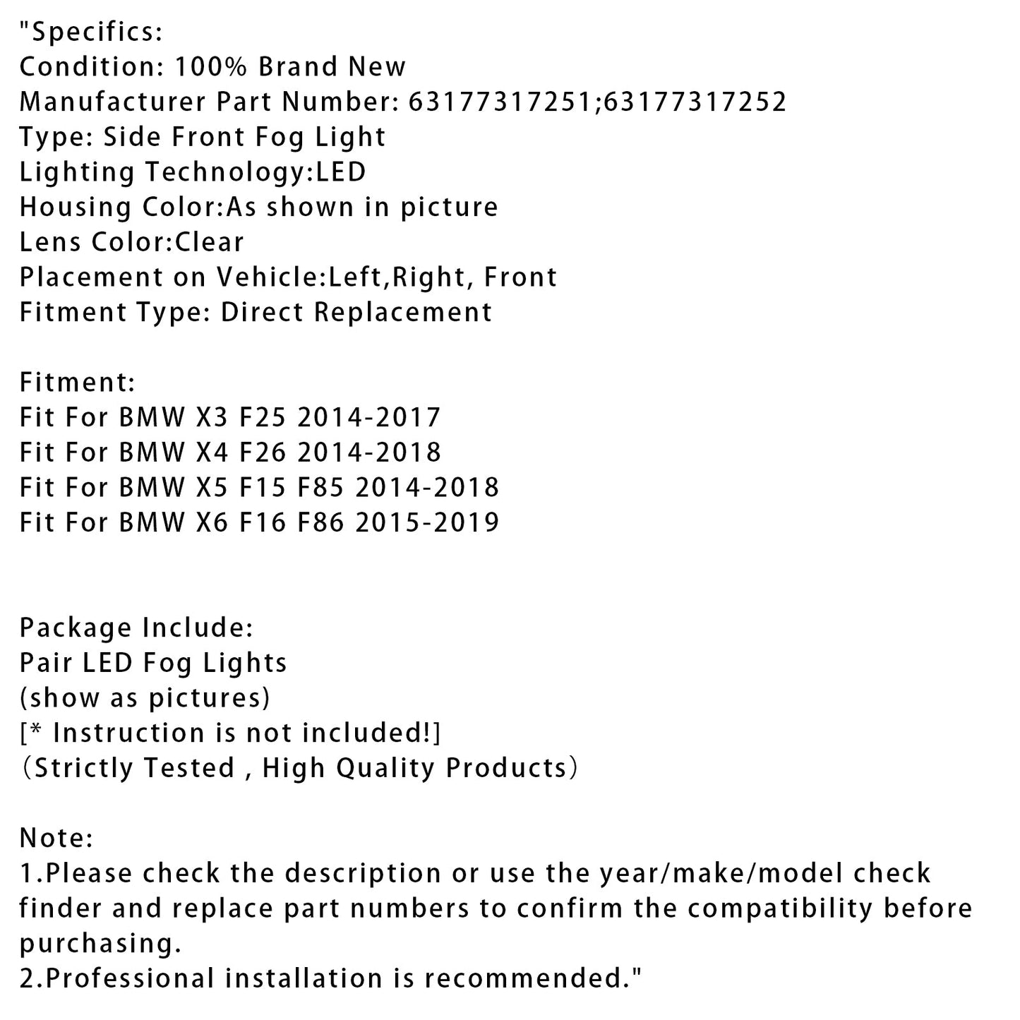Pair LED Front Fog Lights For BMW X3 F25 X4 F26 X5 F15 X6 F16 63177317252