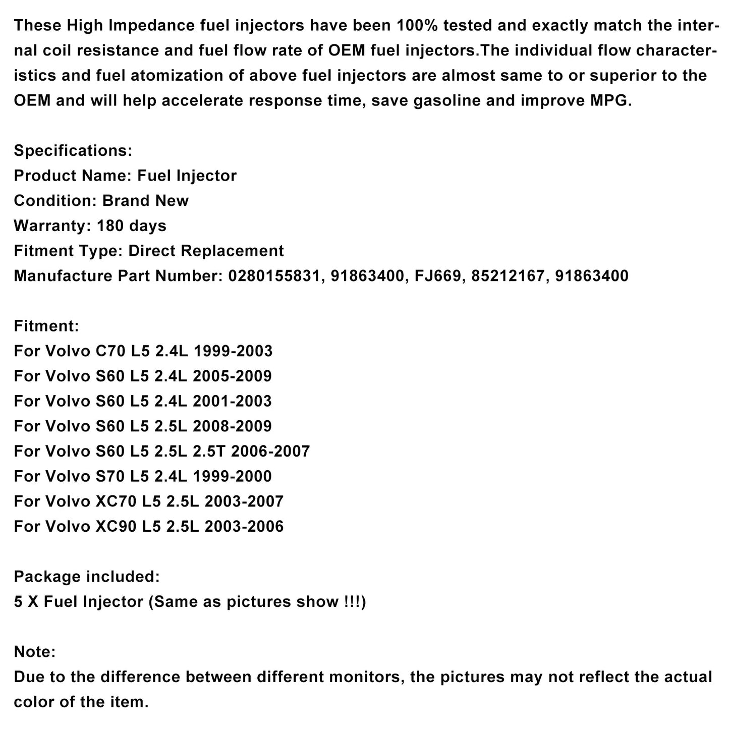 5PCS Fuel Injector 0280155831 Fit Volvo S60 S80 C70 XC90 2.4L 2.5L 1998-2009