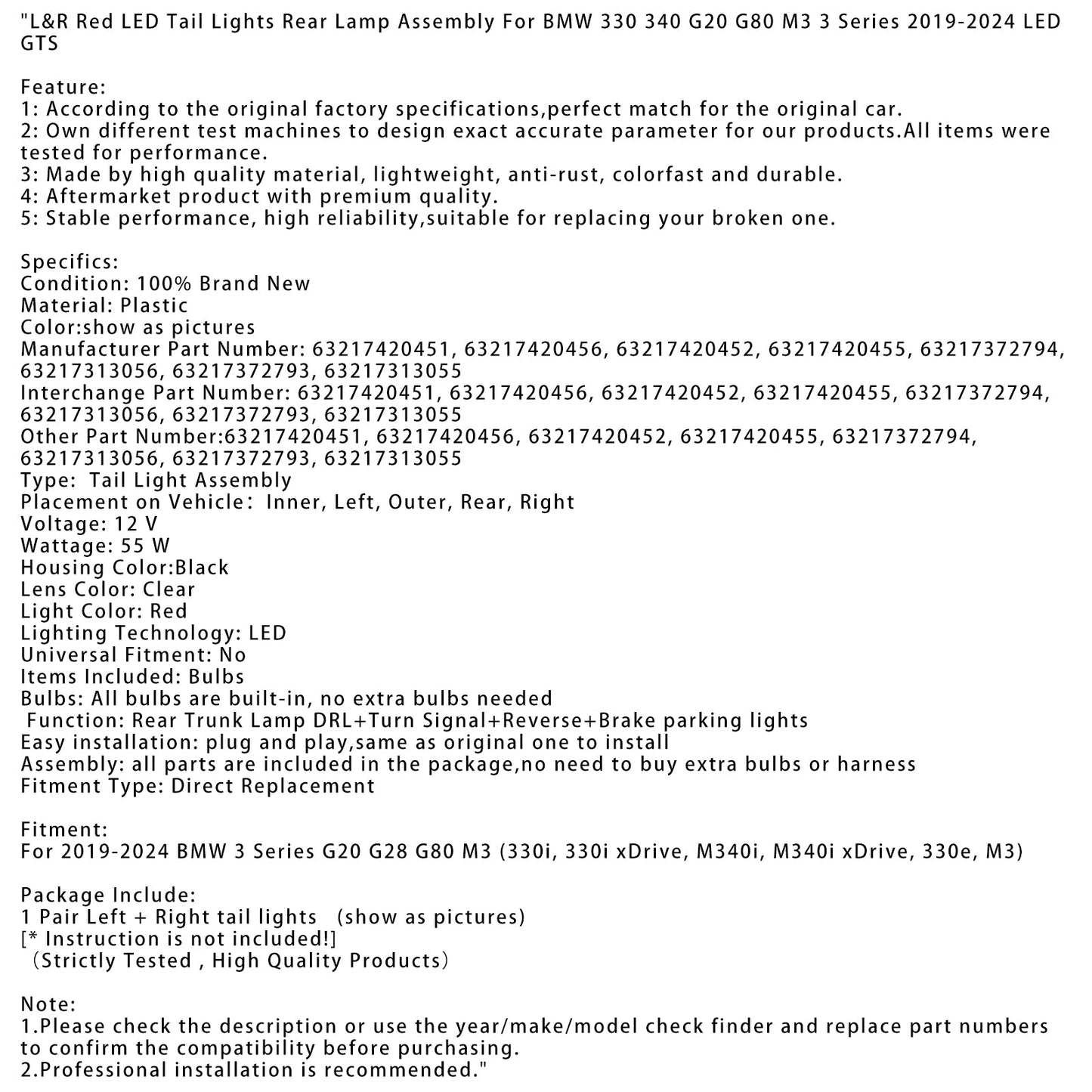 2019-2024 BMW 3 Series G20 G28 G80 M3 L&R Red LED Tail Lights Rear Lamp Assembly