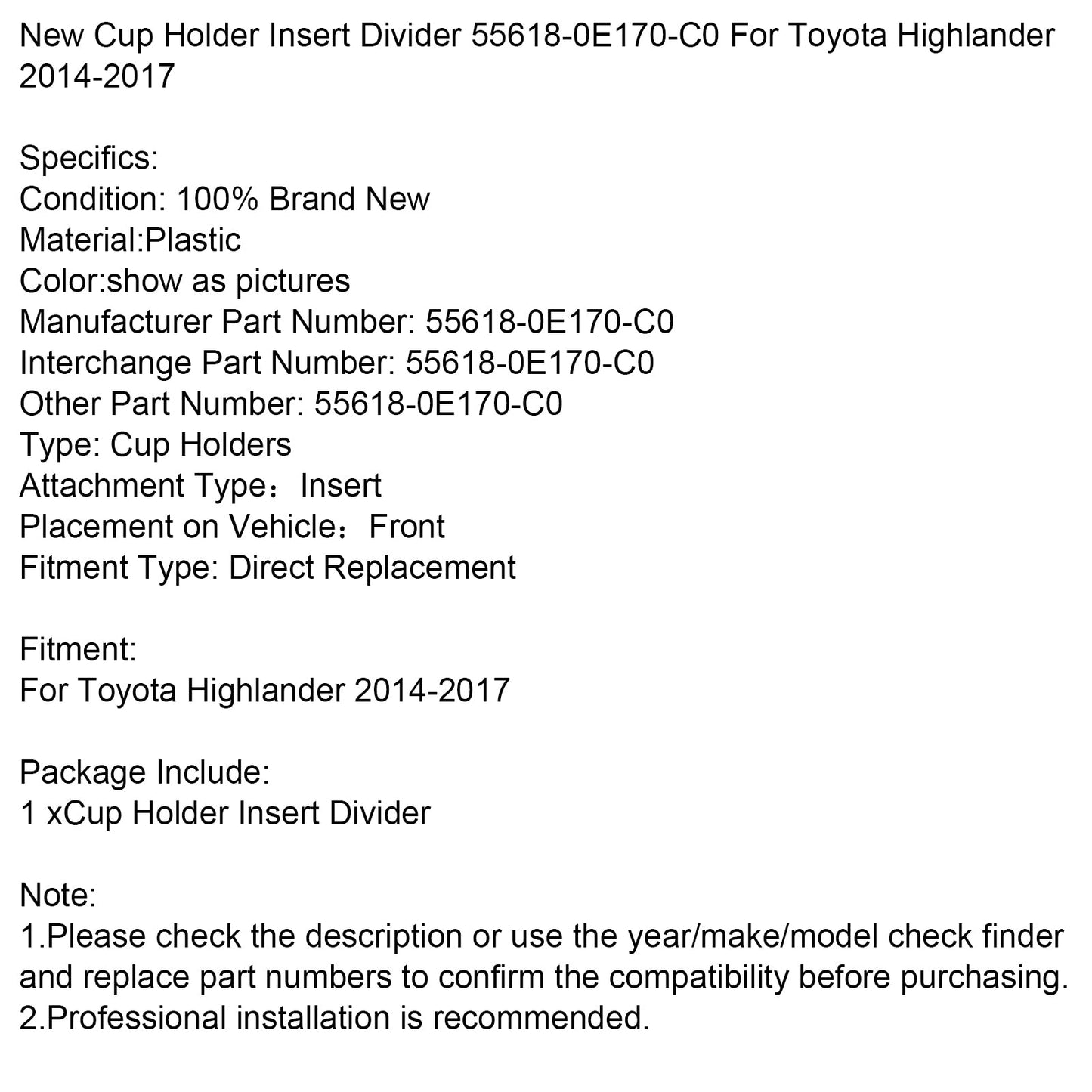 2014-2017 Toyota Highlander New Cup Holder Insert Divider 55618-0E170-C0