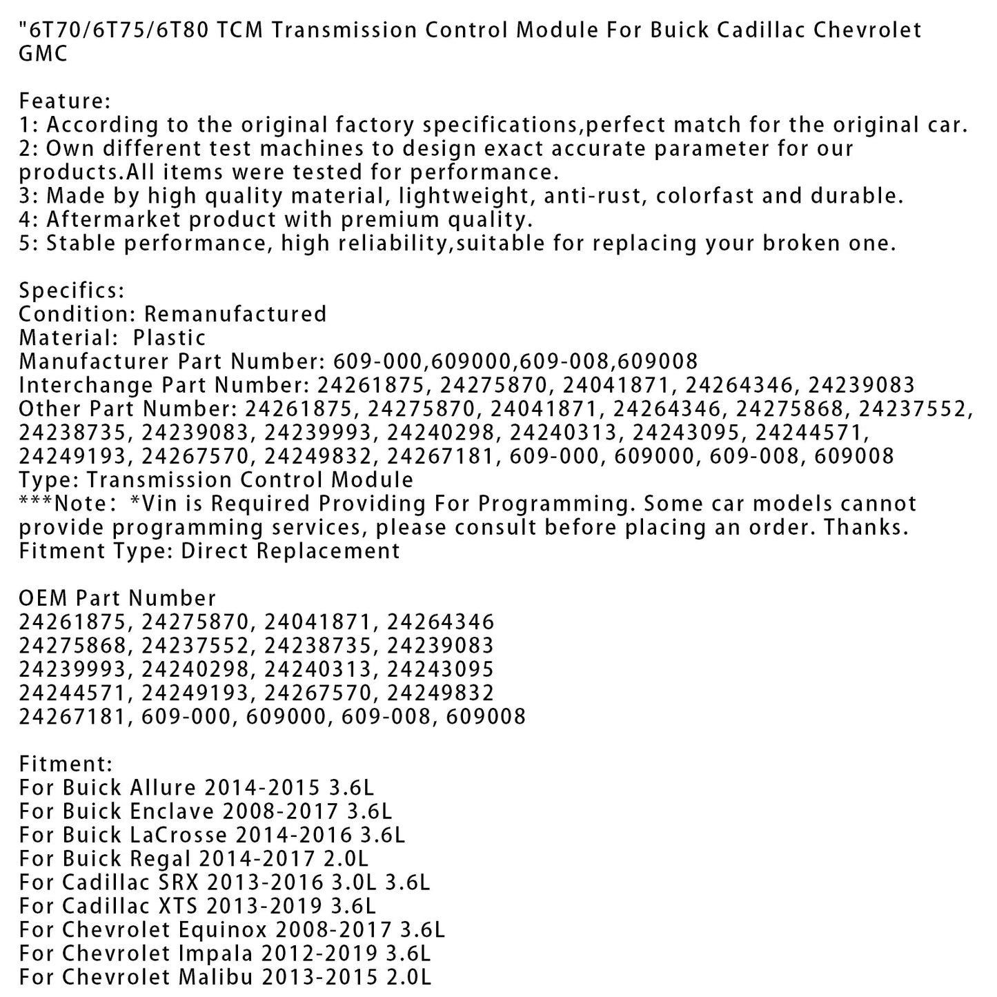 2009-2017 Chevrolet Traverse 3.6L TCM Transmission Control Module 6T70/6T75/6T80