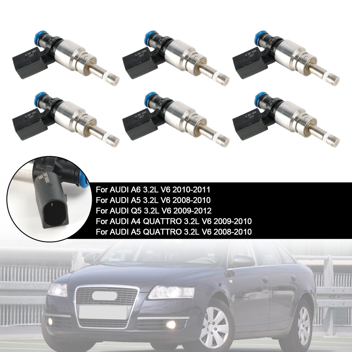 6PCS Fuel Injector 06E906036F Fit Fir Audi Q5 A4 A5 A6 3.2L V6 2008-2011 0261500037