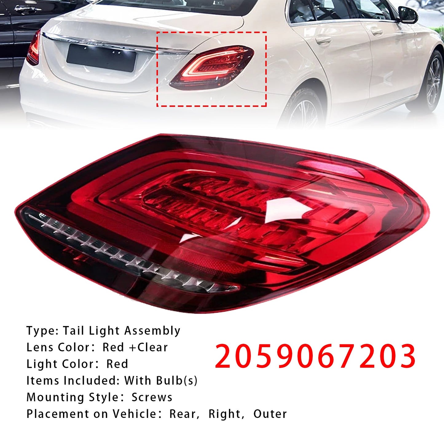 2019-2021 Mercedes Benz W205 Facelift C300 (submodel: 4Matic, Base) Right LED Rear Tail Light Brake Lamp 2059067103 2059067203
