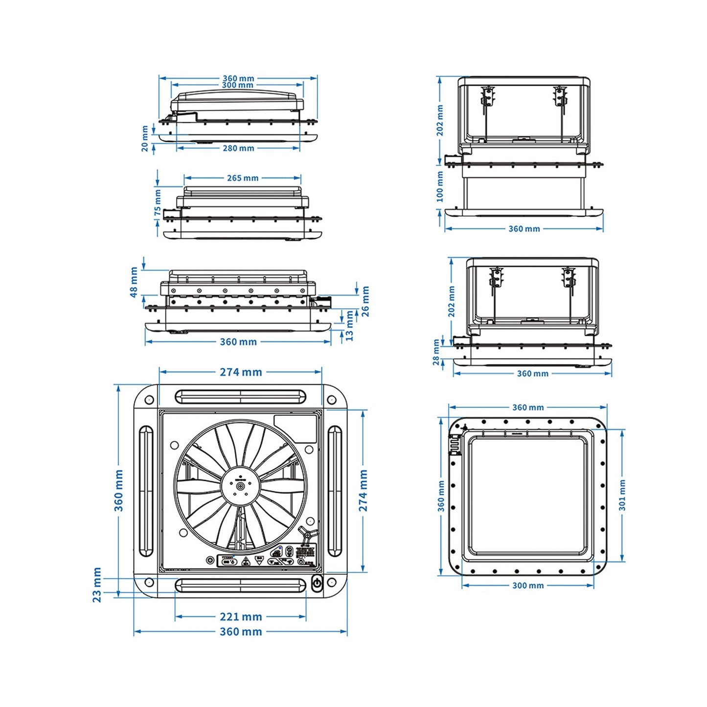 11" Versatile RV Roof Vent Fan replacement with LED and Bi-Directional Exhaust Stainless Steel Screen 12V Skylight