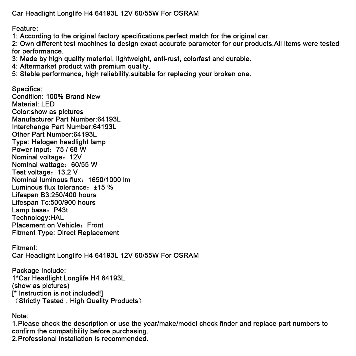 Car Headlight Longlife H4 64193L 12V 60/55W For OSRAM
