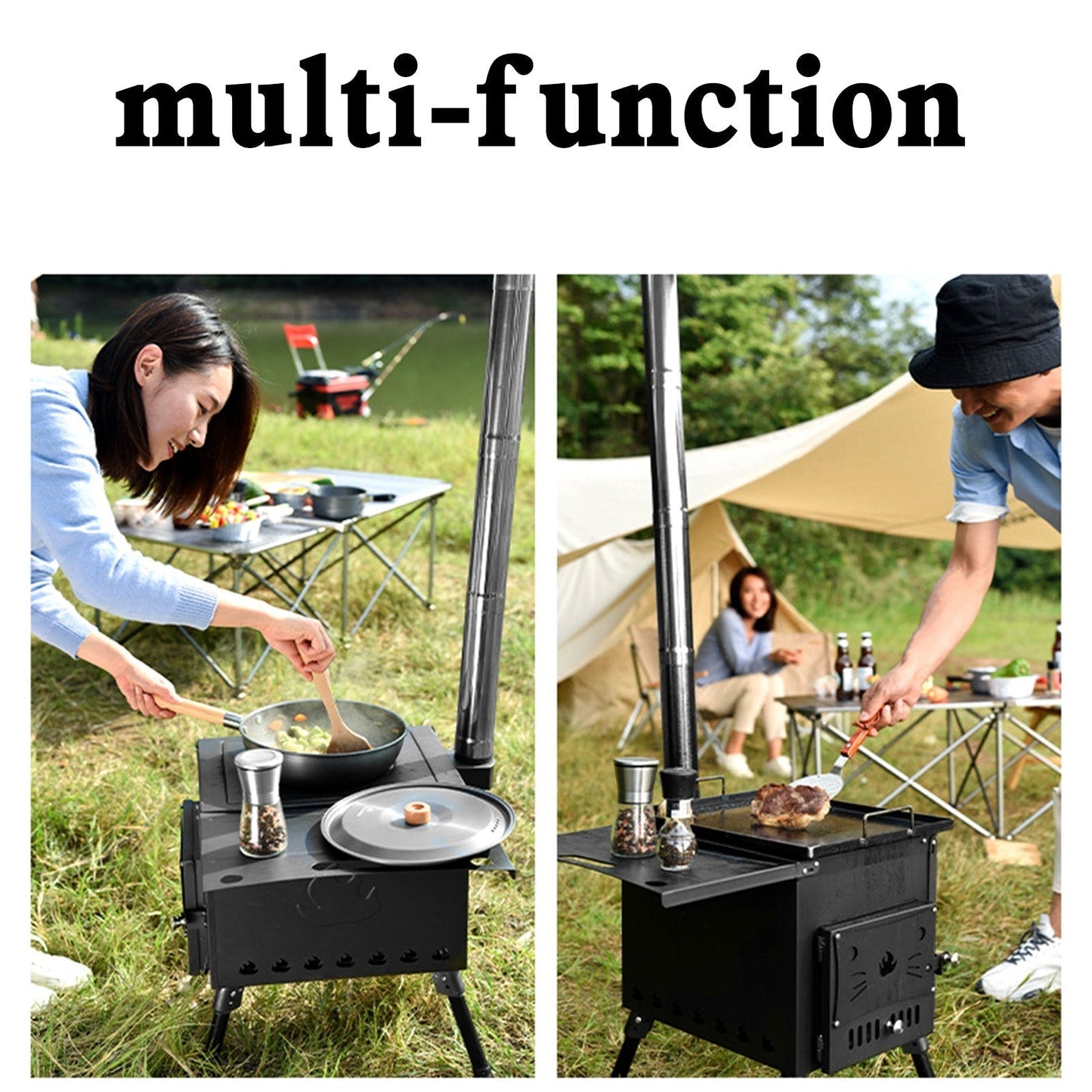 Outdoor Portable Camping Wood Stove Picnic Cook Folding Heating Wood Burning Camping Wood Stove with Retractable Legs Large Capacity & Foldable & Easy to Carry & Shelves
