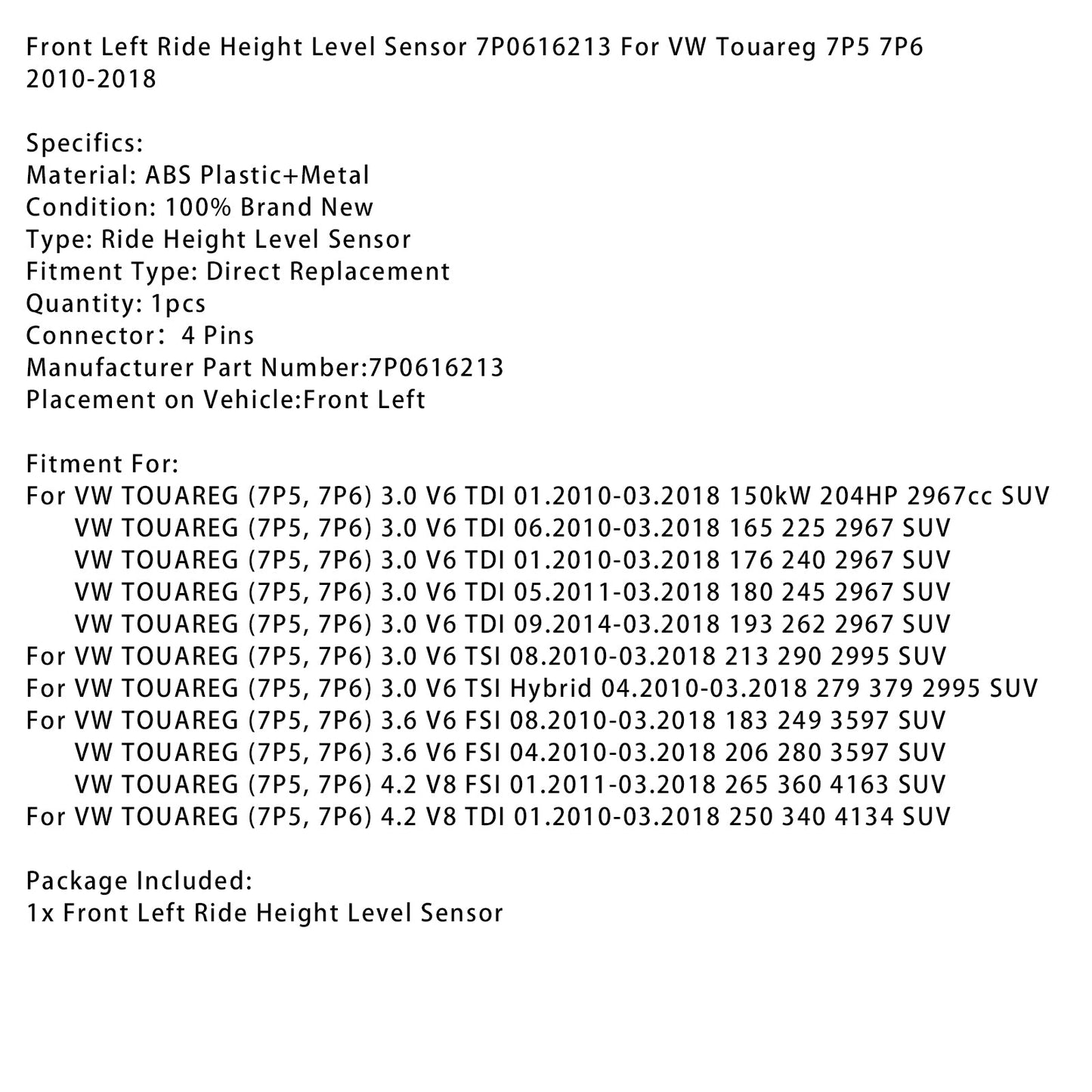 Front Left Ride Height Level Sensor 7P0616213 For VW Touareg 7P5 7P6 2010-2018