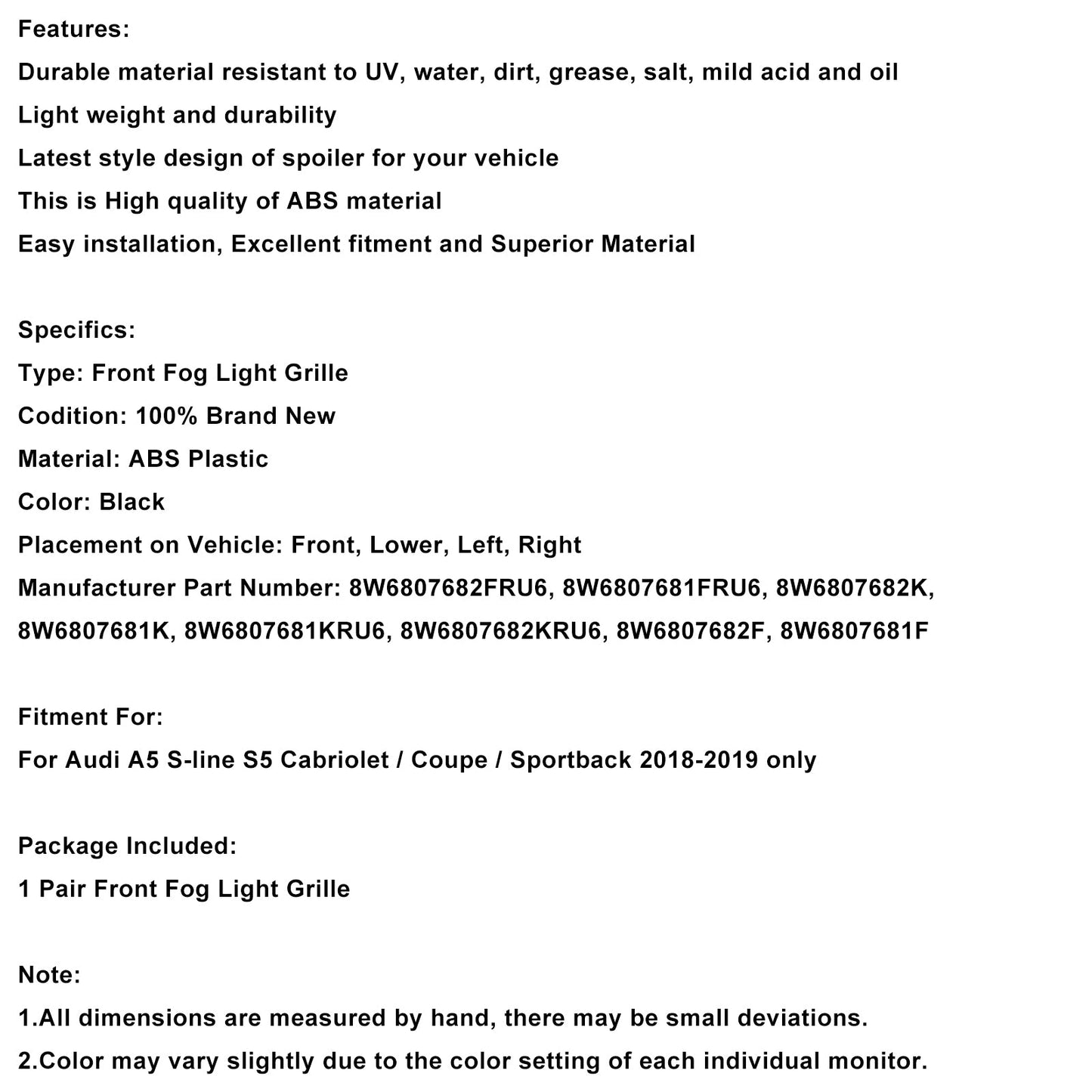 2018-2019 Audi A5 S-Line S5 Front Bumper Fog Light Grille Cover Grill