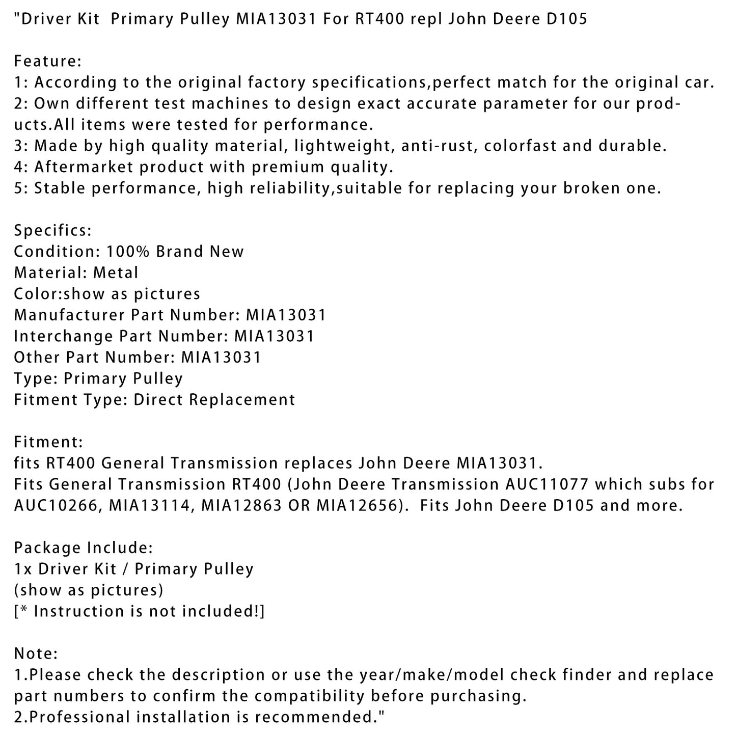 Driver Kit Primary Pulley MIA13031 For RT400 repl John Deere D105
