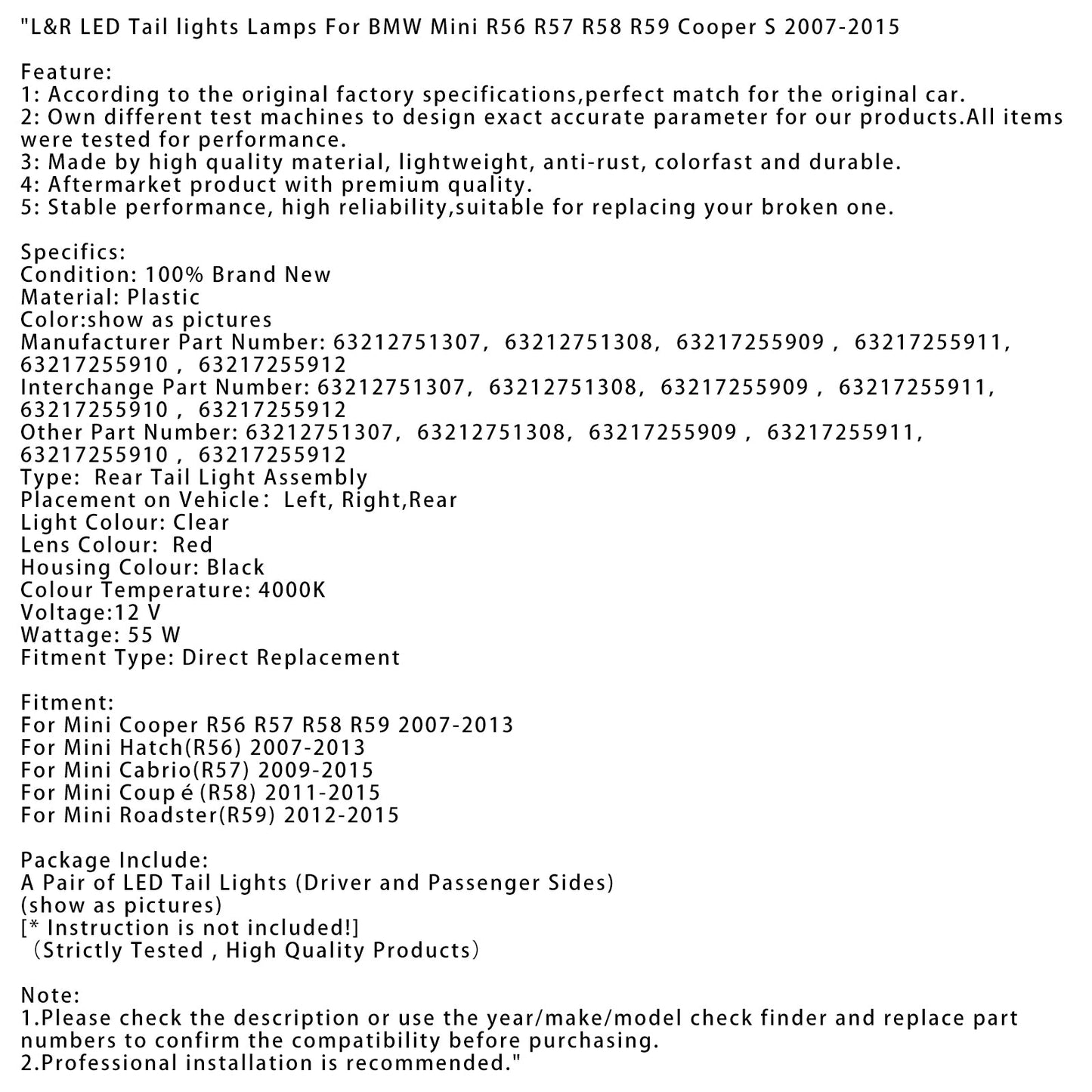 2007-2013 Mini Cooper R56 R57 R58 R59 L&R LED Tail lights Lamps Grey 63212751307 63212751308