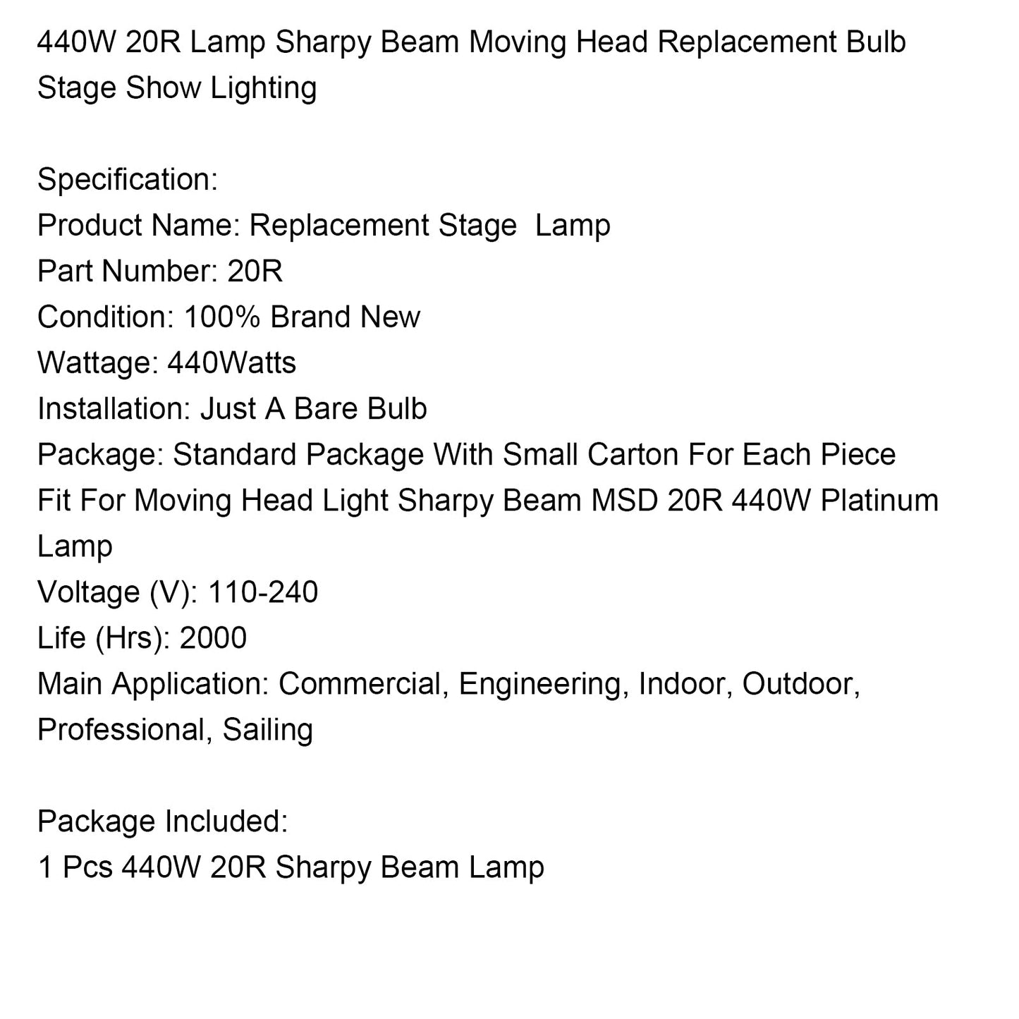 MSD 20R 440W Lamp Sharpy Beam Moving Head Replacement Bulb Stage Show Lighting