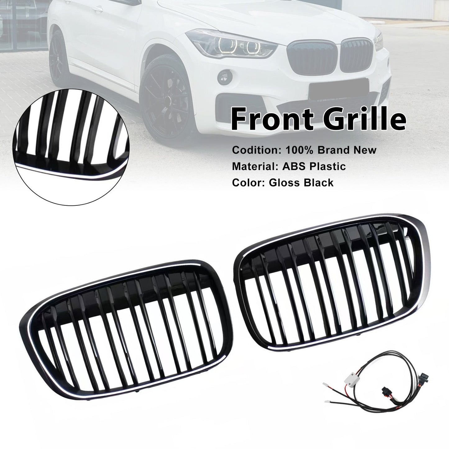 2016-2019 Fit BMW X1 F48 F49 Gloss Black Front Kidney Grill Grille Dual Line