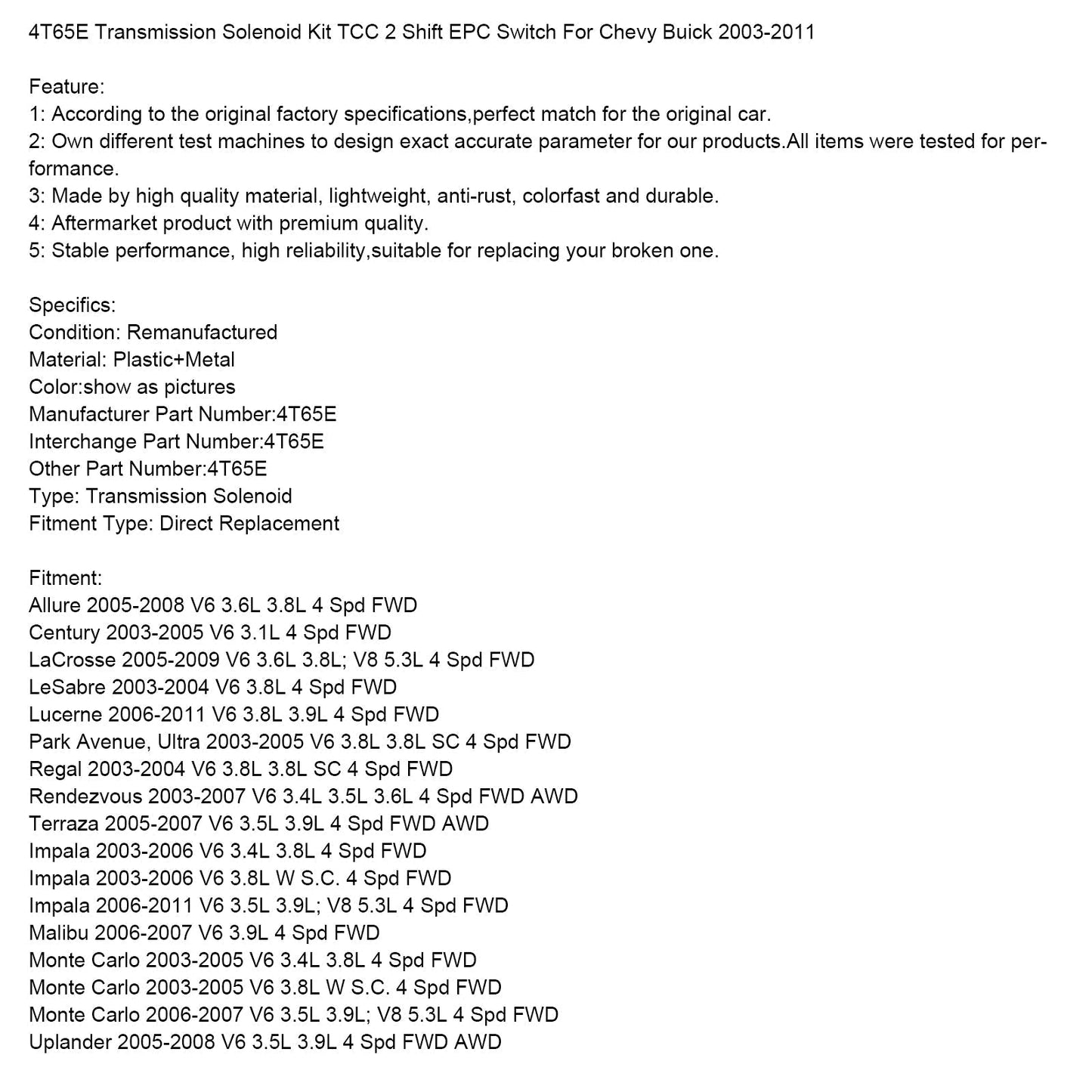 2006-2011 Lucerne V6 3.8L 3.9L 4 Spd FWD 4T65E Transmission Solenoid Kit TCC 2 Shift EPC Switch